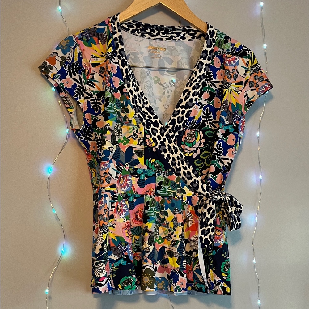 Johnny Was Multicolor Floral Wrap Blouse